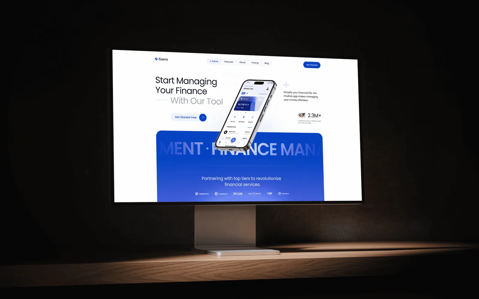 Finance website concept shown on a desktop monitor